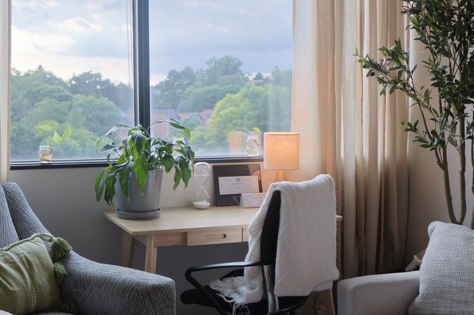 A bright window desk corner in our Towson office