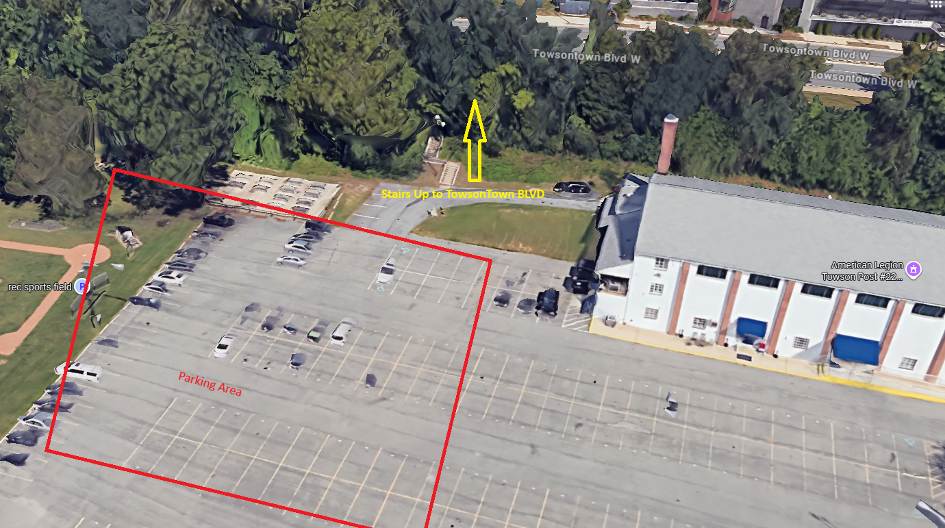 Aerial view of the free parking area at the American Legion, with the stairway up to Towsontown Blvd marked
