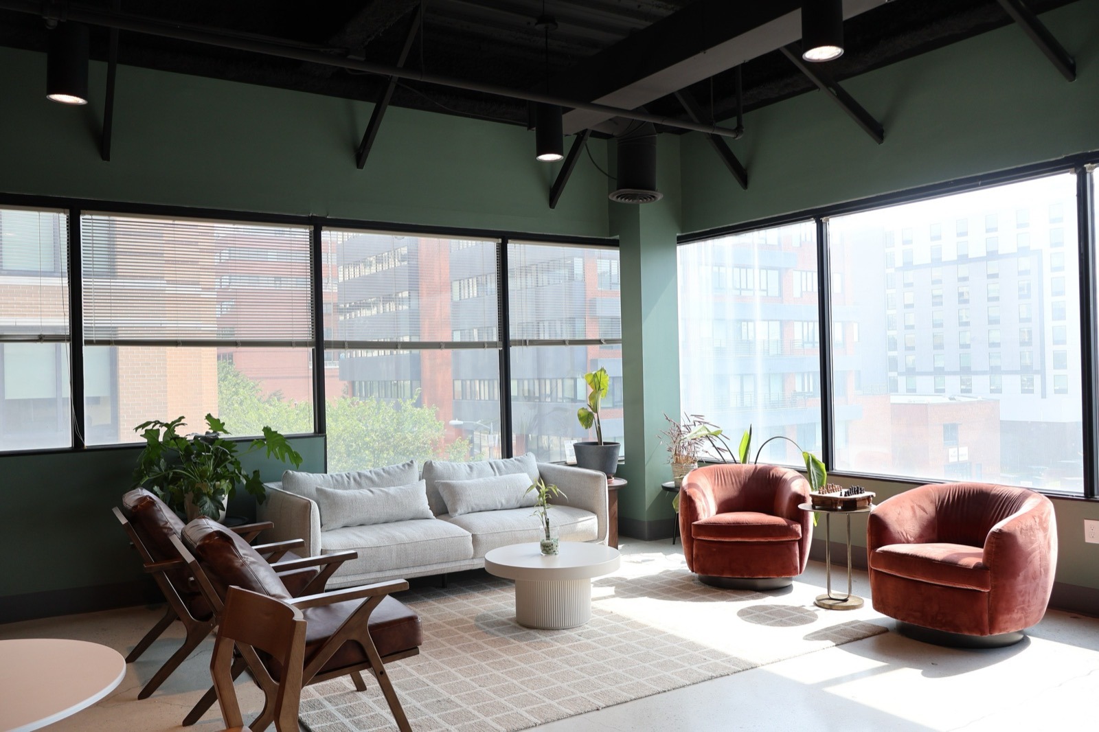 A shared lounge with city views in our Towson office building
